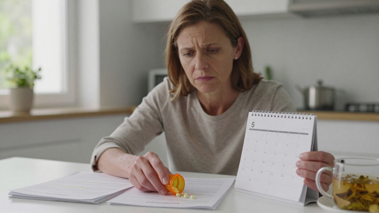 Mulher preocupada olhando para comprimidos e segurando calendário enquanto está sentada à mesa na cozinha.
