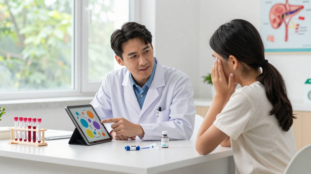 Médico explicando diagnóstico para paciente jovem usando tablet em consulta médica.