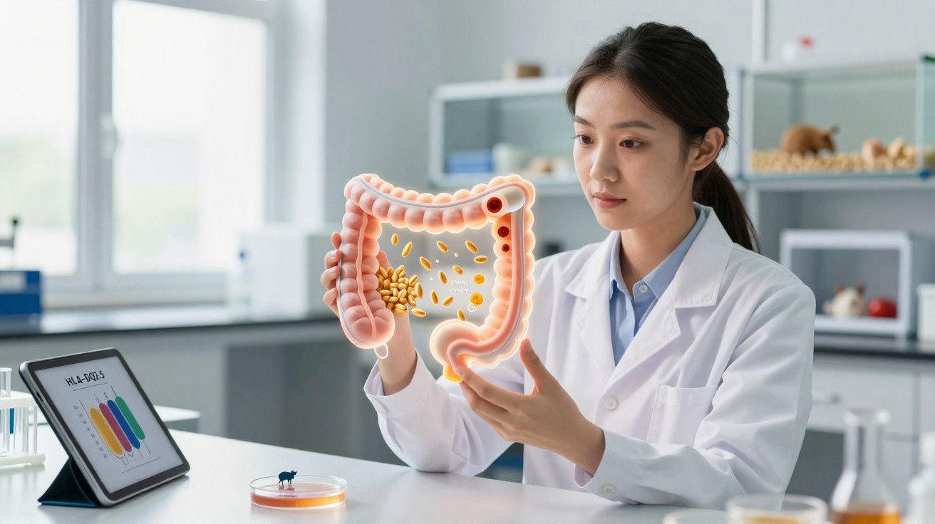 Mulher cientista em laboratório analisando modelo digital do intestino com bactérias e alimentos.