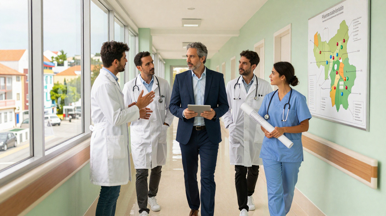 Equipe médica e gestor hospitalar caminhando e discutindo em corredor de hospital moderno.