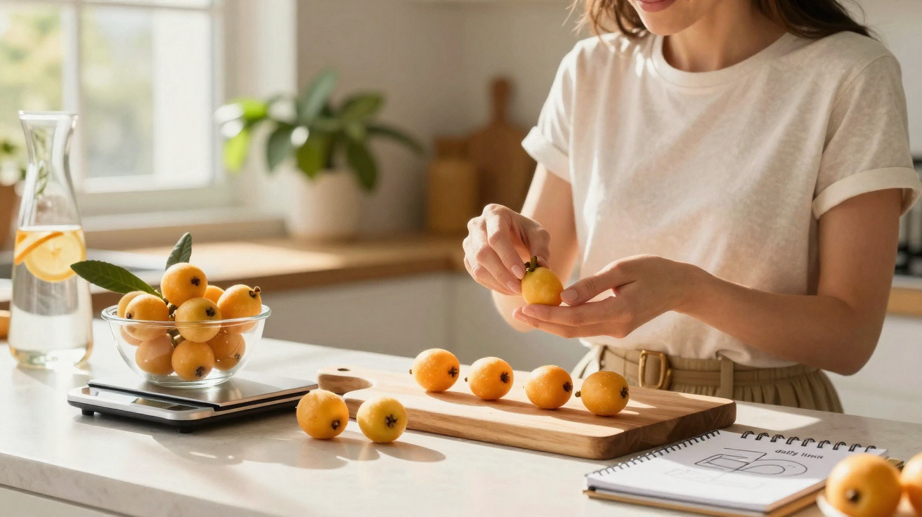 Mulher descascando fruta-amarela sobre bancada de cozinha clara com frutas, jarra e caderno.