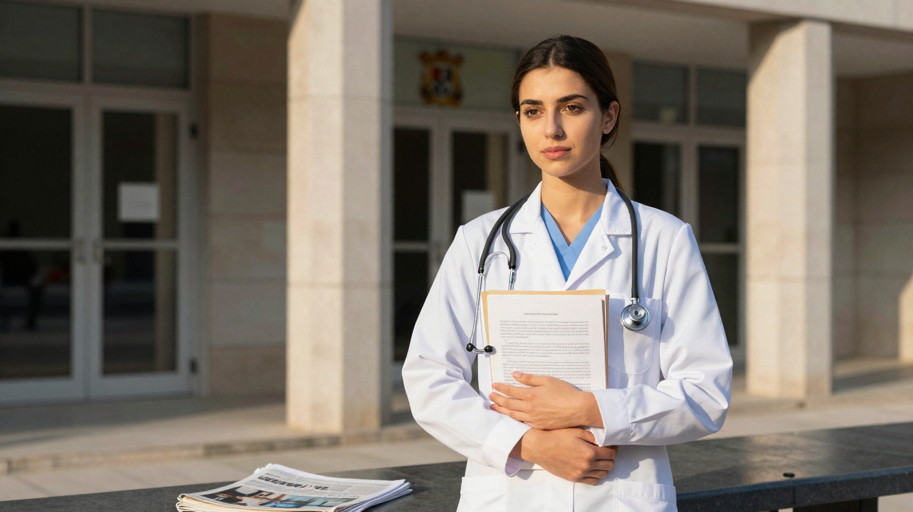 Médica jovem de jaleco branco e estetoscópio segurando prancheta em área externa de hospital ou clínica.
