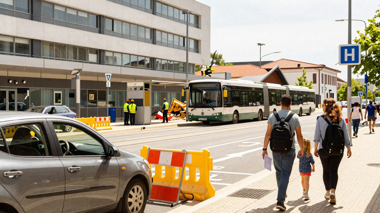 Rua com obras, passageiros esperam ônibus próximo a hospital e família caminhando na calçada movimentada.
