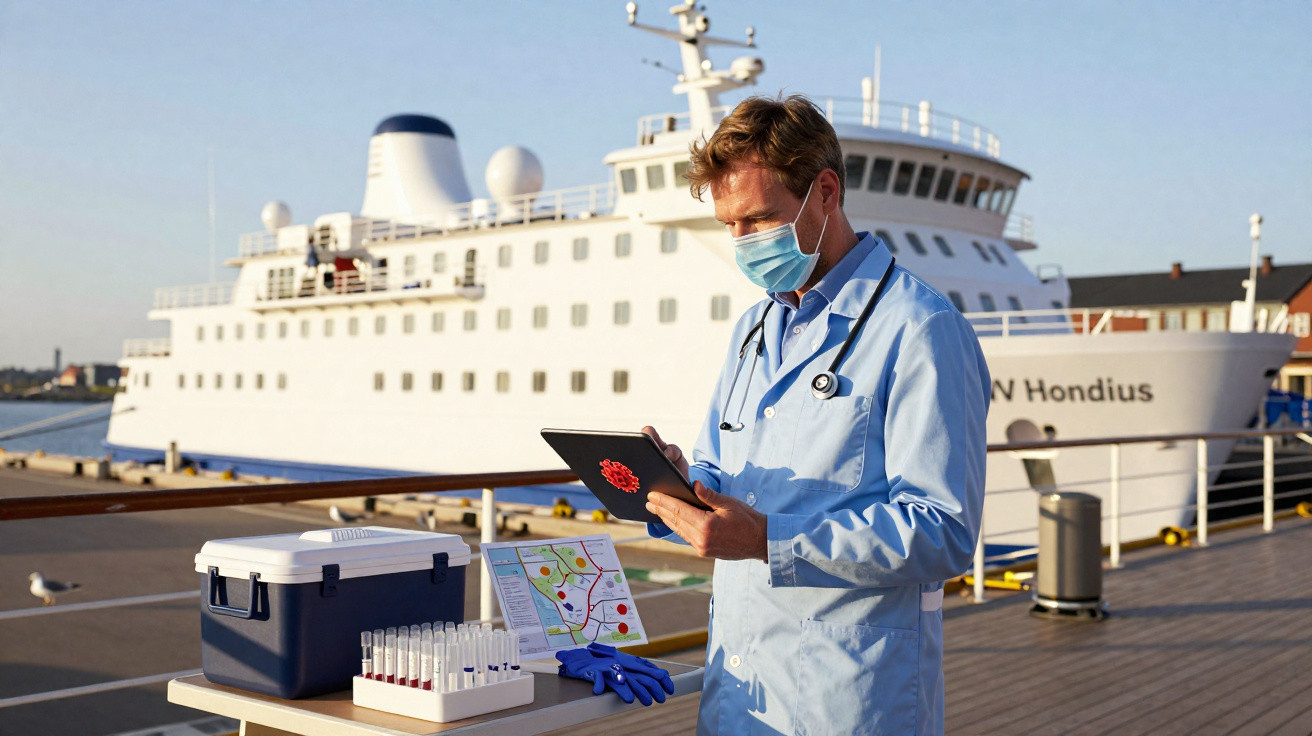 Homem de jaleco e máscara analisando tablet em cais com navio de cruzeiro ao fundo, tubos de teste e luvas na mesa.