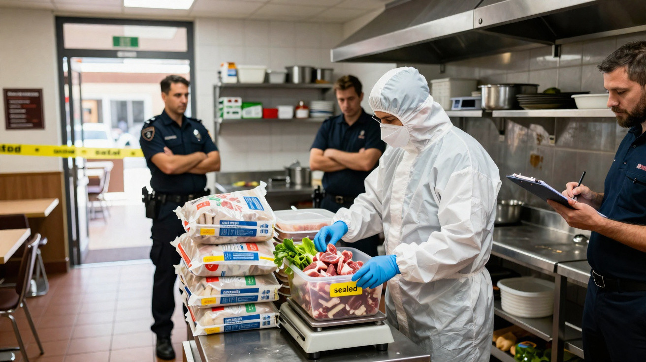 Agente forense em traje de proteção analisa alimentos em cozinha enquanto policiais observam e anotam.