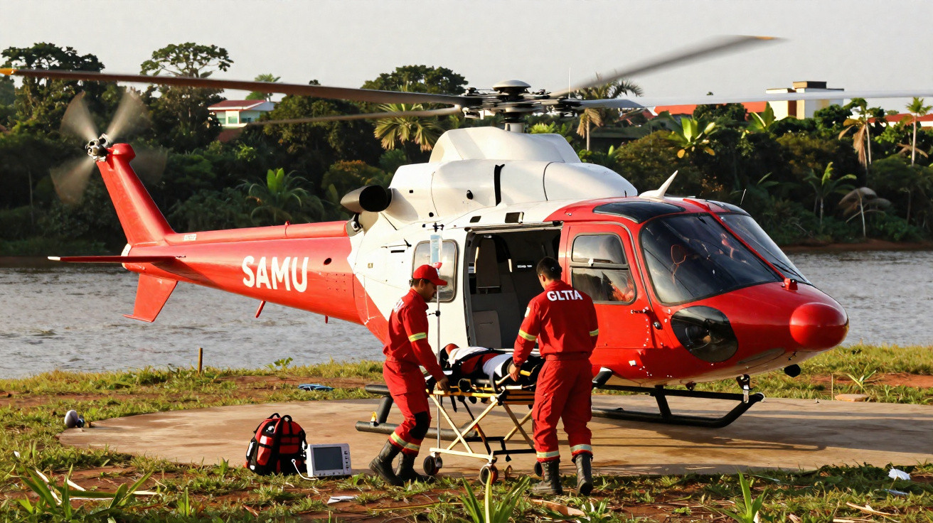Helicóptero vermelho do SAMU com equipe de resgate transportando paciente em maca na beira de rio.