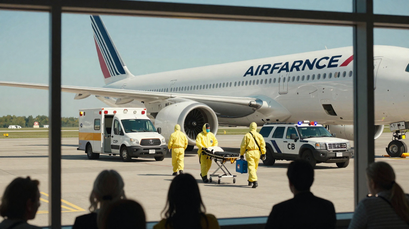 Pessoas em macacões amarelos transportam maca perto de ambulância e avião da Air France em aeroporto.