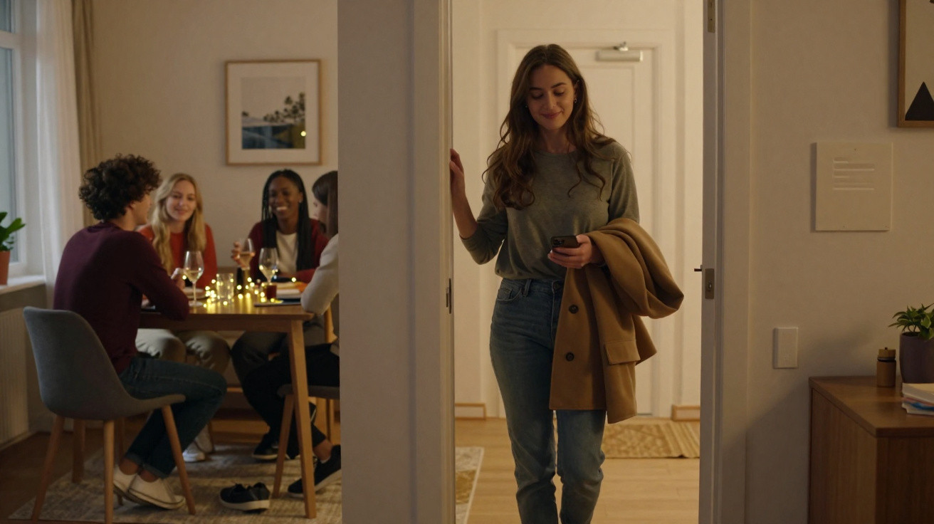 Mulher sorrindo com casaco e celular na mão entrando em sala onde amigos conversam ao redor da mesa.