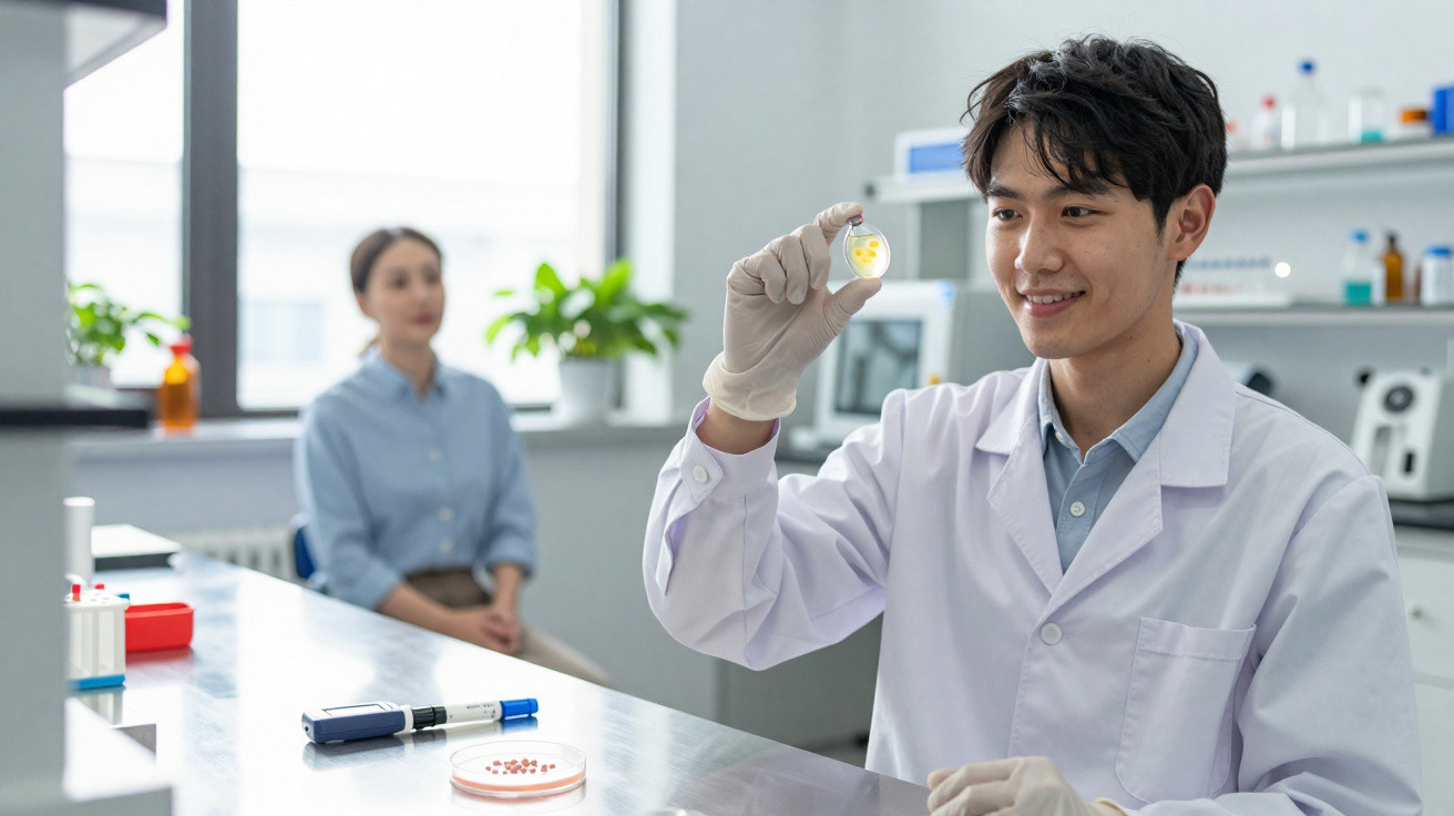 Cientista em jaleco segurando amostra em laboratório enquanto mulher observa ao fundo.
