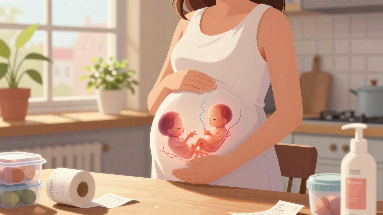 Mulher grávida de gêmeos abraça barriga com fetos visíveis em ambiente de cozinha iluminada.