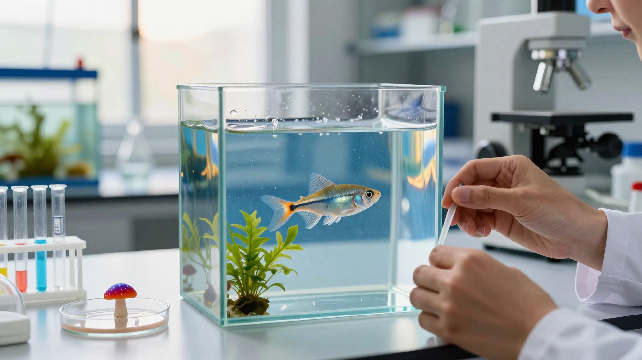 Laboratório com aquário, peixe nadando e cientista manipulando parafina ou amostra com pinça.