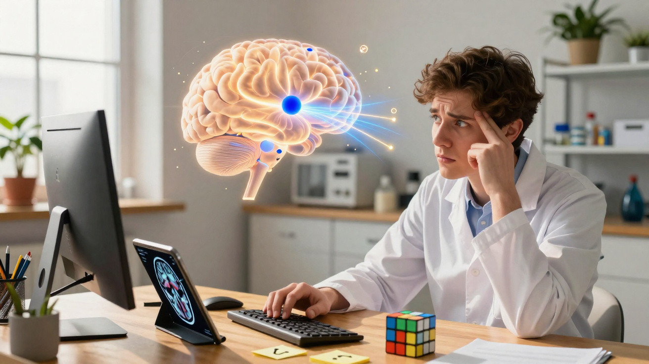 Jovem cientista analisa cérebro digital flutuante enquanto trabalha em computador em laboratório moderno.