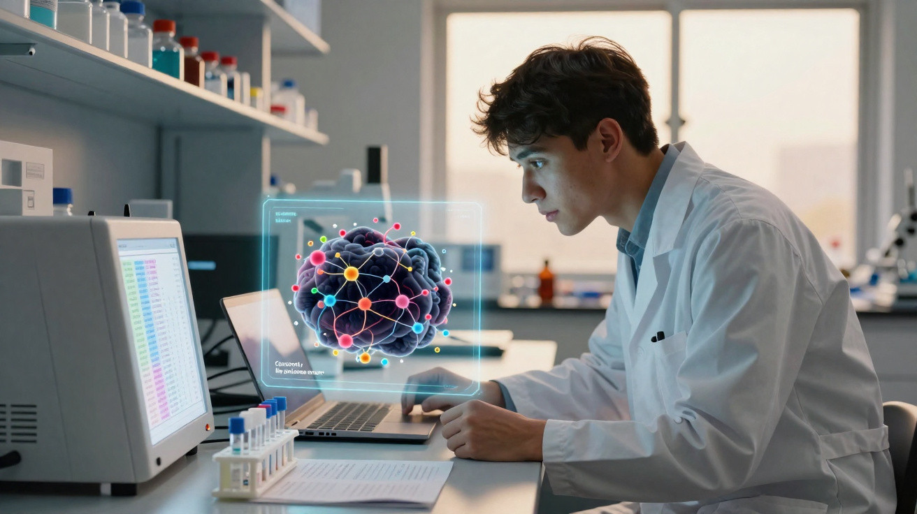 Jovem cientista em laboratório observa modelo digital 3D de estrutura molecular no computador.