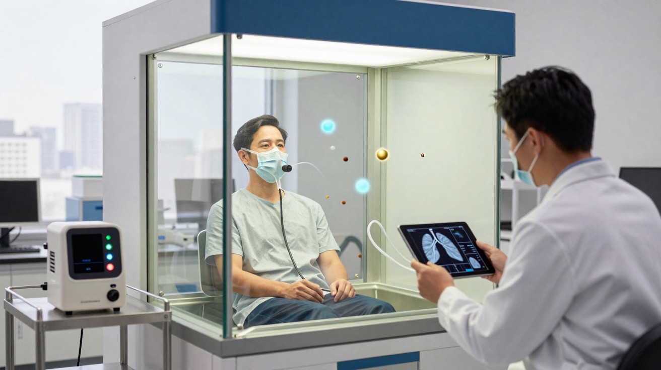 Paciente sentado em cabine de exame com máscara, sendo avaliado por médico com tablet mostrando imagem de pulmões.