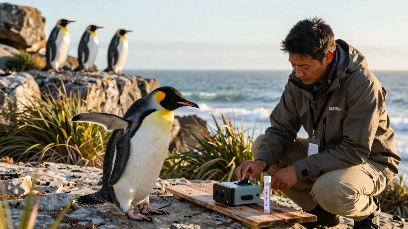 Pesquisador coleta dados de pinguim-imperador em ambiente natural costeiro rochoso.
