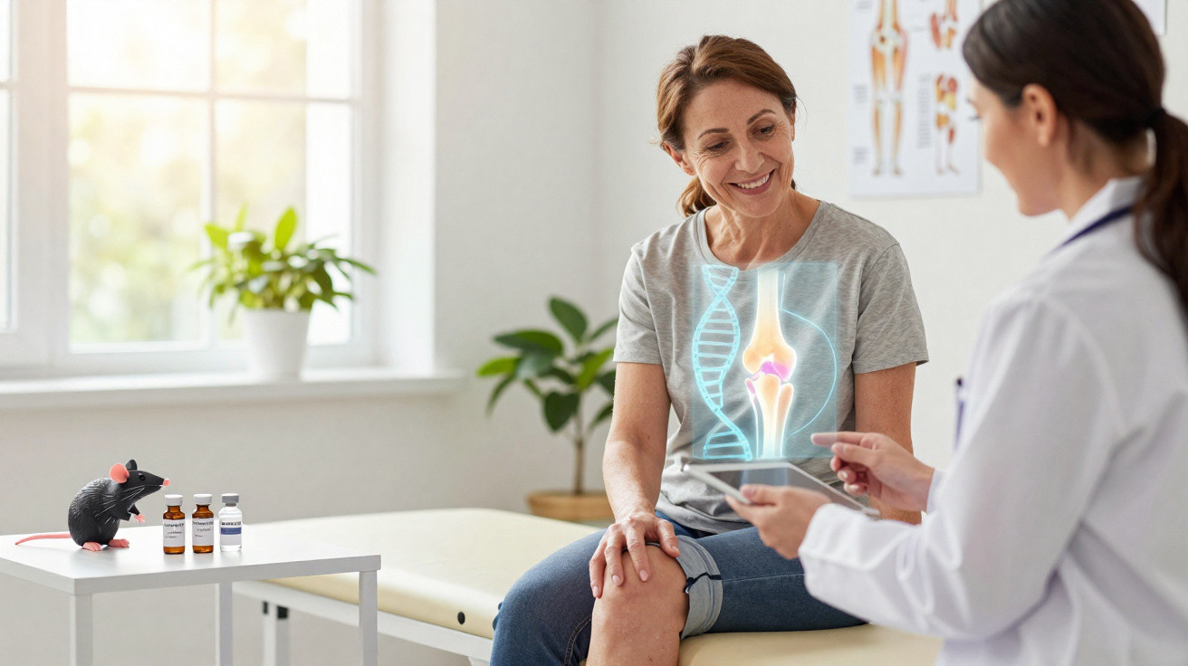 Mulher em consulta médica sobre articulação do joelho com doutora usando tablet em clínica iluminada.