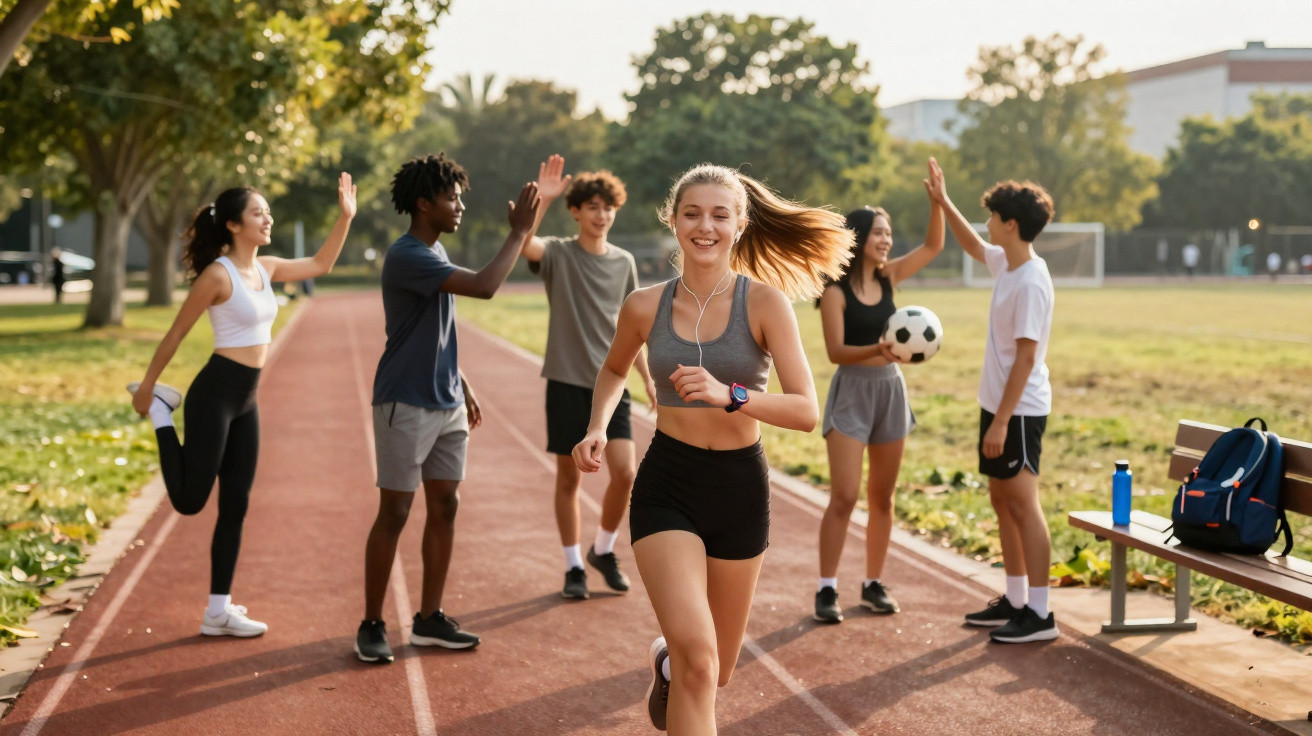 Jovens praticando exercícios e esporte em pista de corrida ao ar livre em um dia ensolarado.