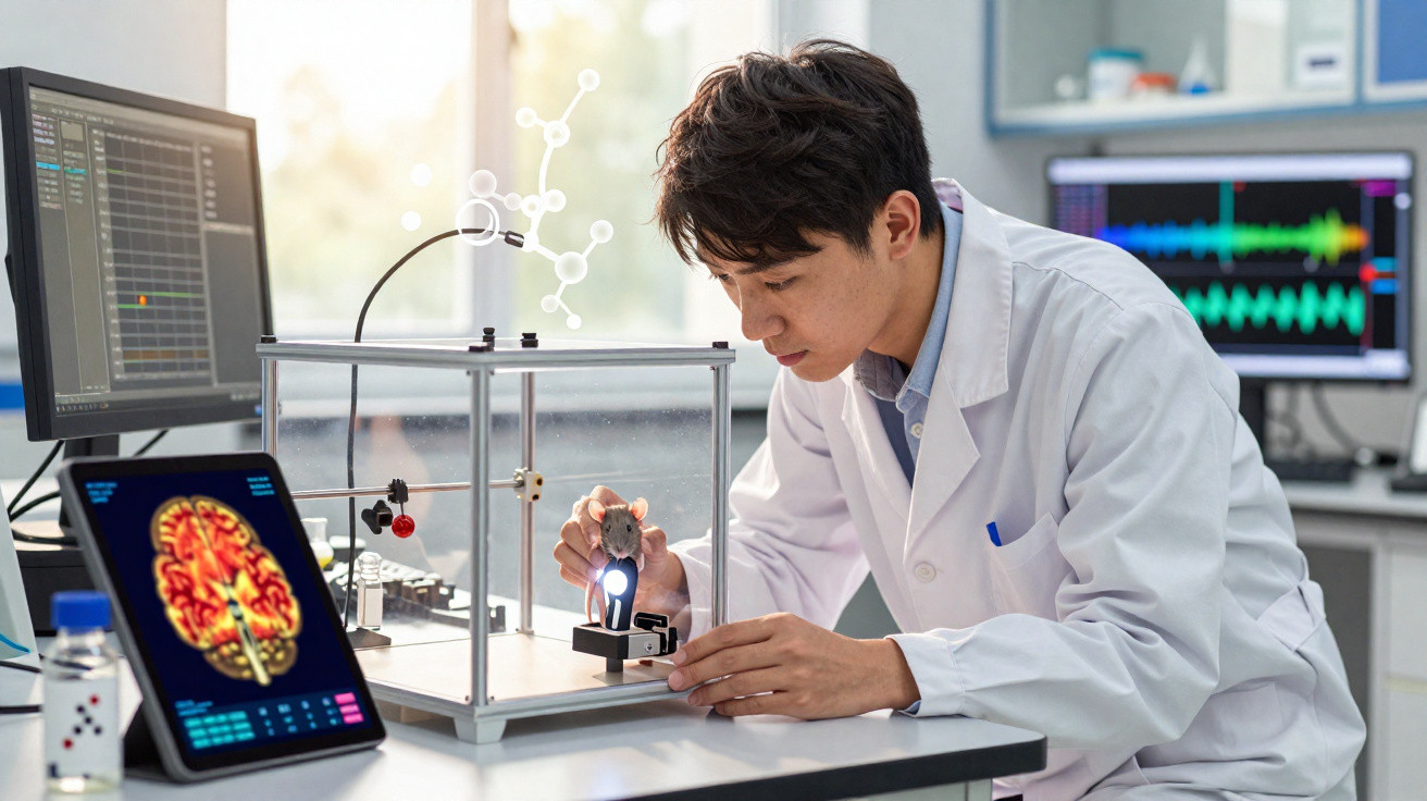 Pesquisador em laboratório usando jaleco branco, manipulando rato em equipamento com tela mostrando cérebro e dados.