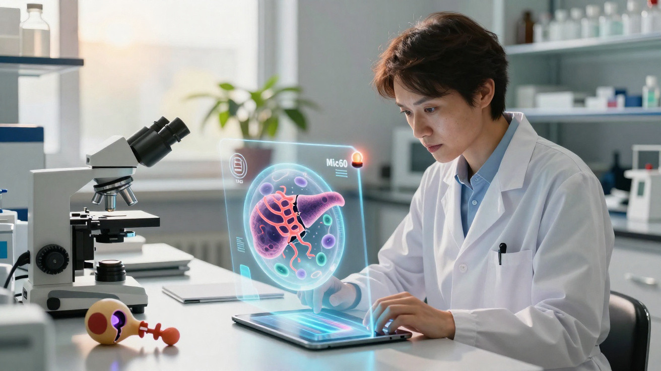 Cientista em laboratório usando tablet com imagem holográfica de órgão para análise científica.