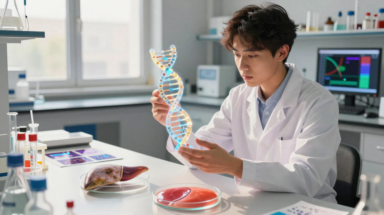Cientista em laboratório segurando modelo 3D de DNA, com amostras biológicas na bancada.