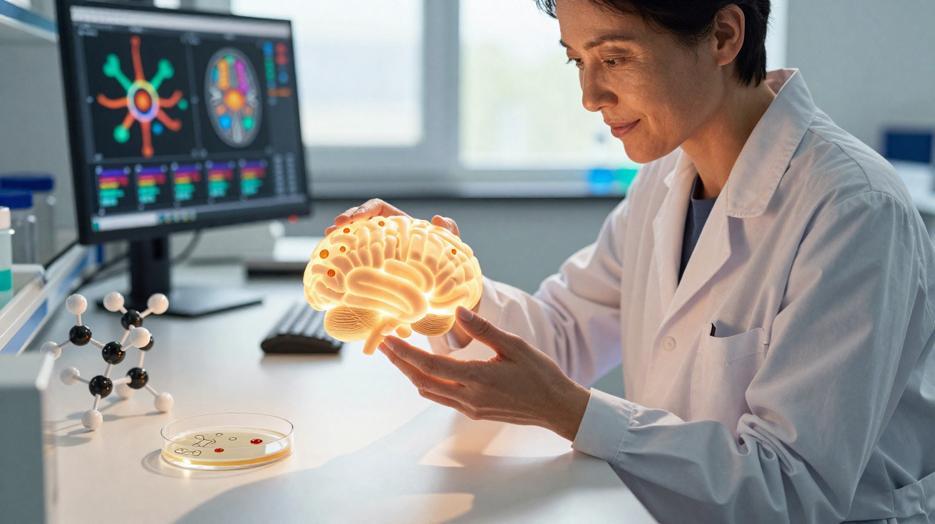 Cientista em laboratório segurando modelo holográfico de cérebro com imagens cerebrais em tela ao fundo.