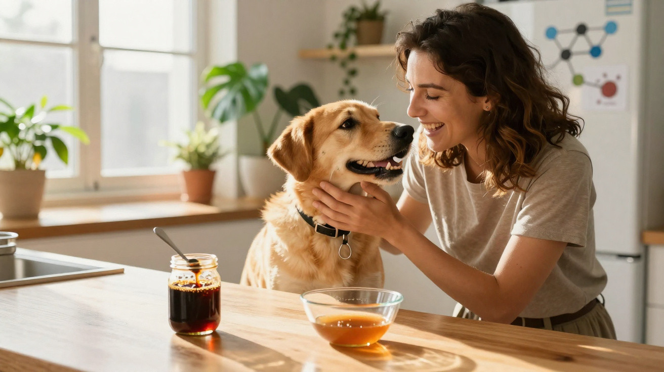Mulher sorrindo acariciando cachorro dourado na cozinha ensolarada com potes na mesa.