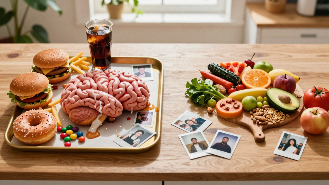 Mesa com bandeja de fast food ao lado de frutas, vegetais e fotos pessoais, simbolizando escolhas alimentares e saúde mental.