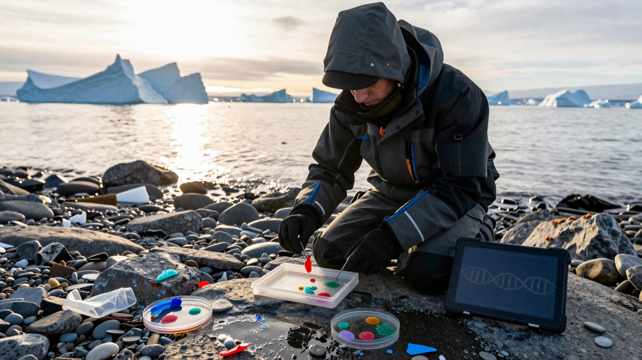 Pesquisador vestido com roupas de frio realiza experimentos científicos em praia rochosa com icebergs ao fundo.