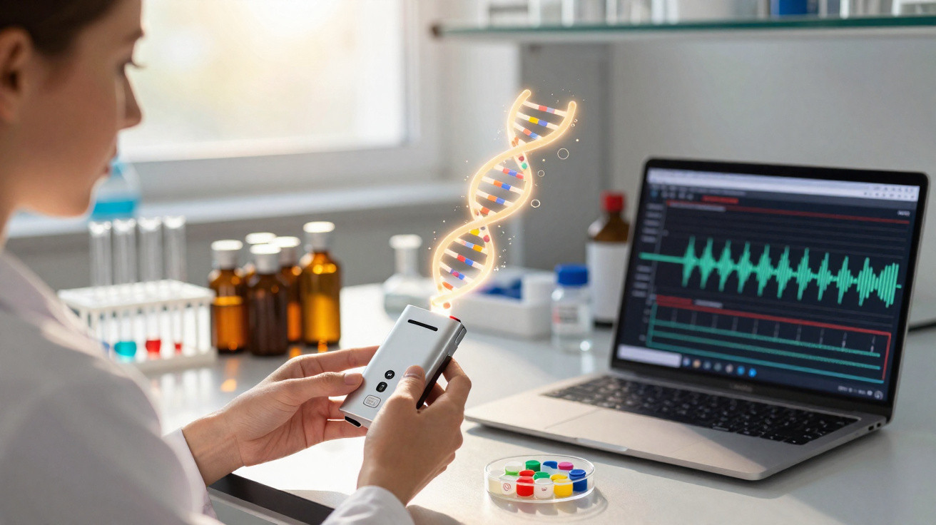 Pesquisadora em laboratório segurando dispositivo com imagem digital de DNA e laptop com gráficos abertos.