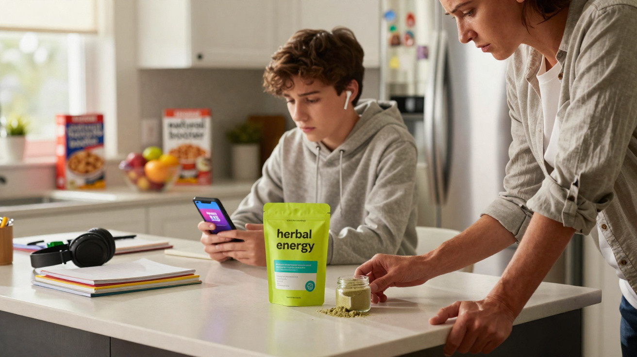 Jovem usando celular e mulher preparando pó herbal energy na cozinha moderna bem iluminada.