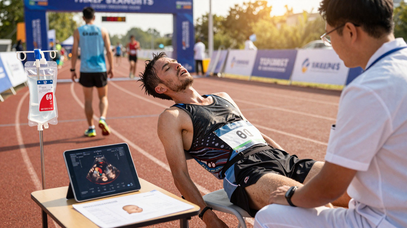 Atleta cansado sentado em pista de corrida sendo atendido por profissional de saúde com soro e ultrassom ao lado.