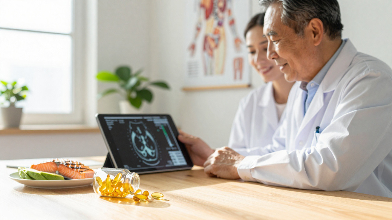Dois médicos analisam uma imagem de raio-x no tablet, com cápsulas de ômega-3 e prato de salmão à frente.