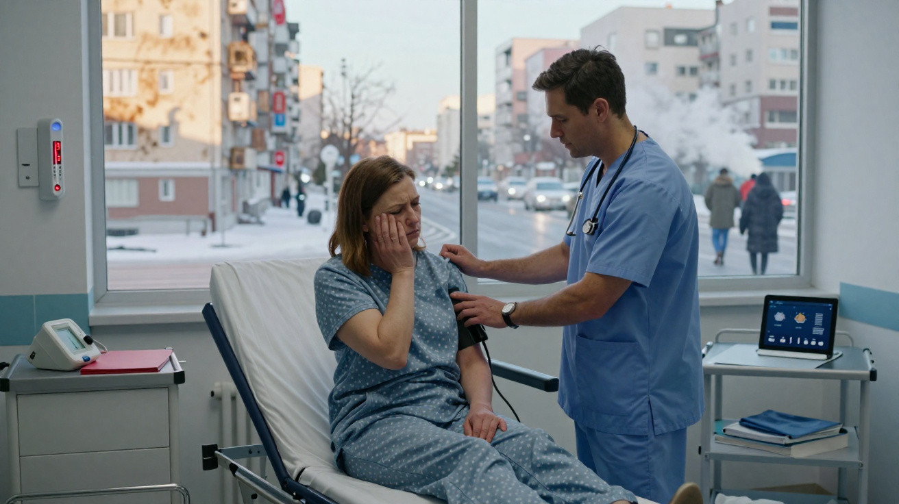 Médico aferindo pressão arterial de paciente com expressão de dor em quarto de hospital com janela para cidade nevada.