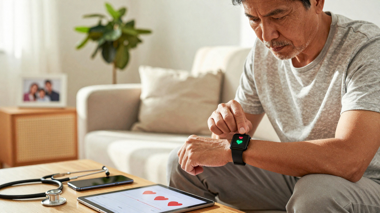 Homem usando relógio inteligente para monitorar saúde cardíaca em casa com tablet e estetoscópio na mesa.