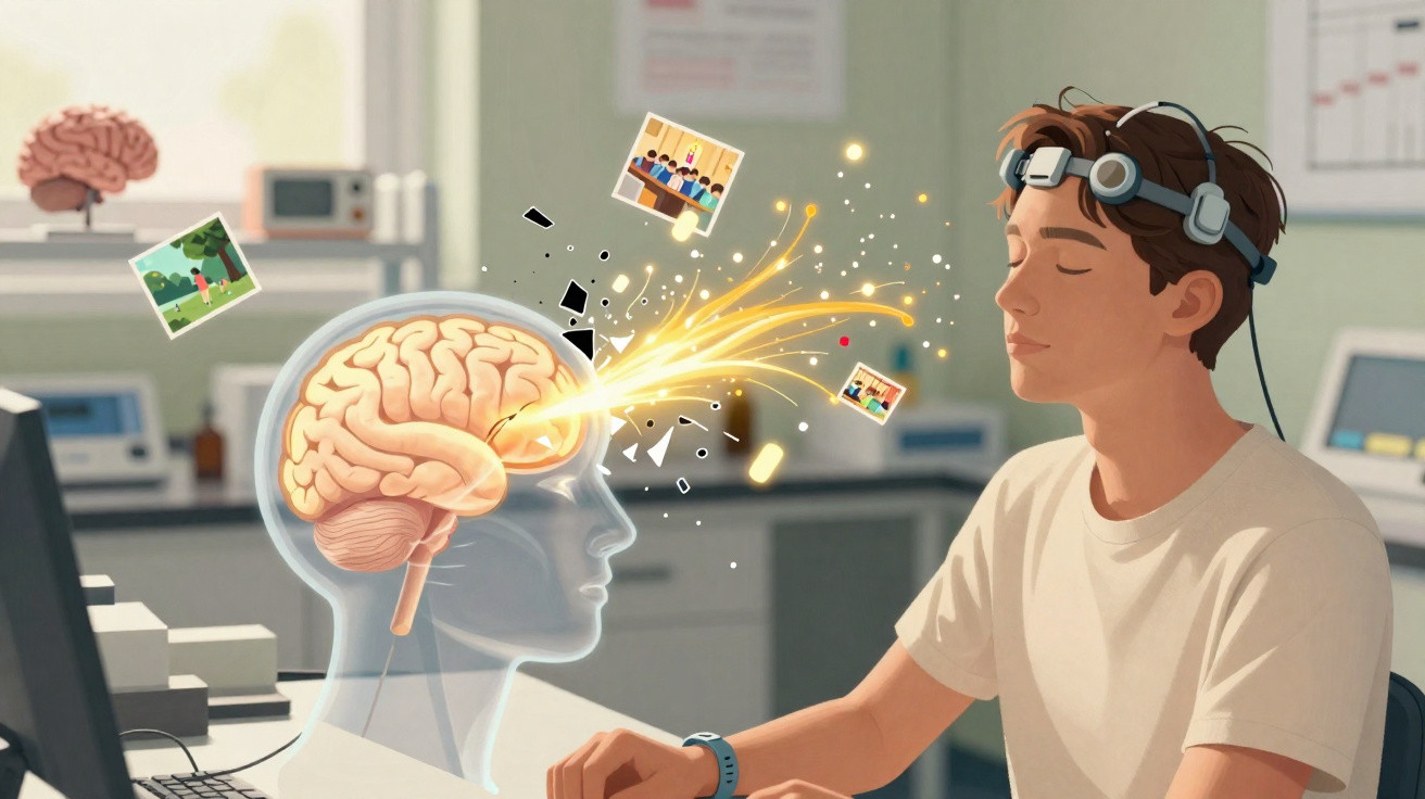 Jovem com EEG na cabeça memoriza imagens, representando ativação cerebral e armazenamento de lembranças.