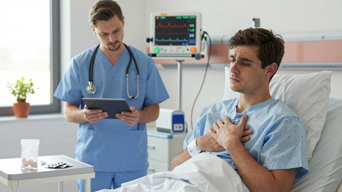 Paciente em cama de hospital segurando o peito, enquanto médico com tablet avalia sinais vitais.
