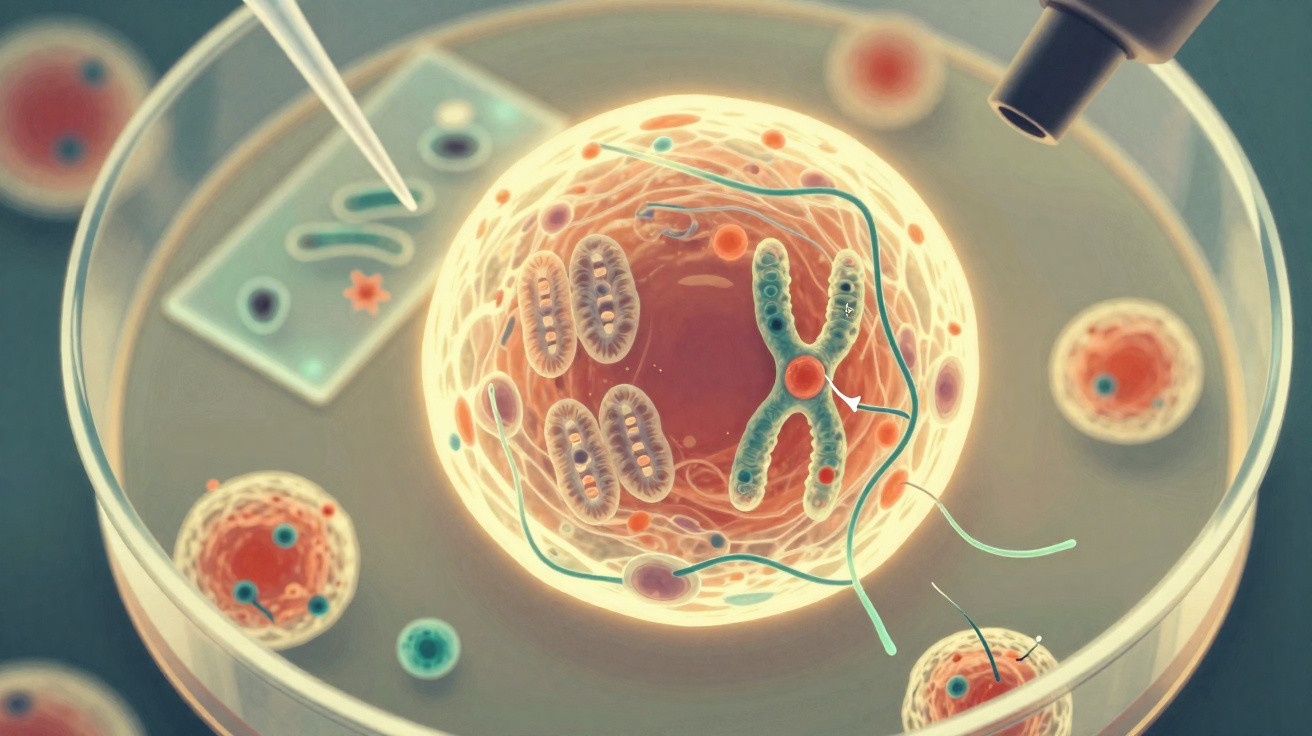 Ilustração científica de célula com cromossomo e organelas em uma placa de Petri sob microscópio.