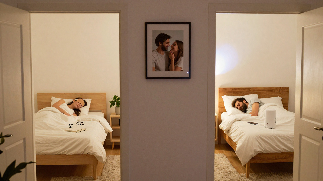 Visão de dois quartos com camas de casal; uma mulher e um homem estão dormindo em cada cama, separados por parede com quadro.