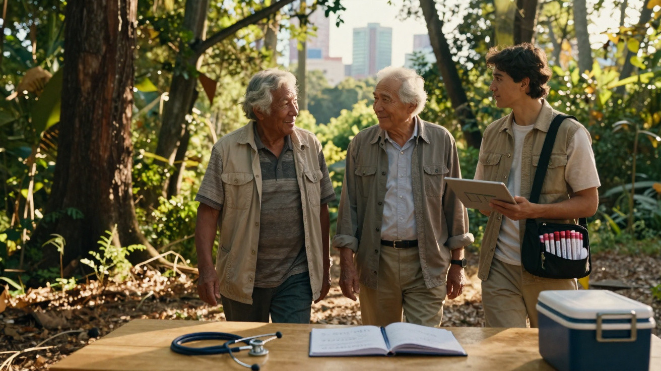 Três homens conversam em trilha na floresta, com mesa, estetoscópio, caderno e caixa térmica à frente.