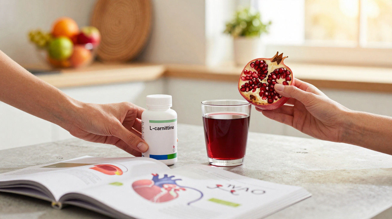 Mãos segurando suplemento L-carnitina e romã ao lado de um copo de suco vermelho e livro aberto sobre coração.
