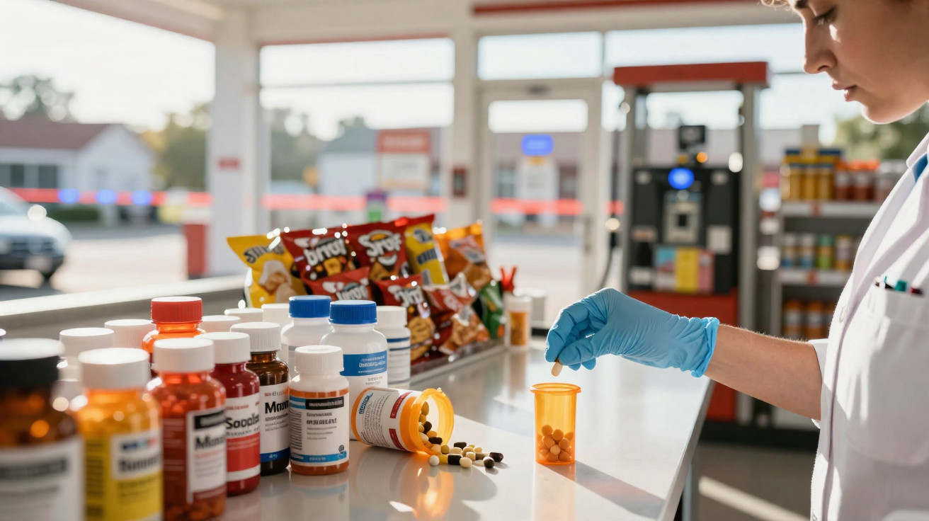 Pessoa com luva azul manipulando comprimidos em frasco próximo a vários medicamentos sobre balcão de farmácia.