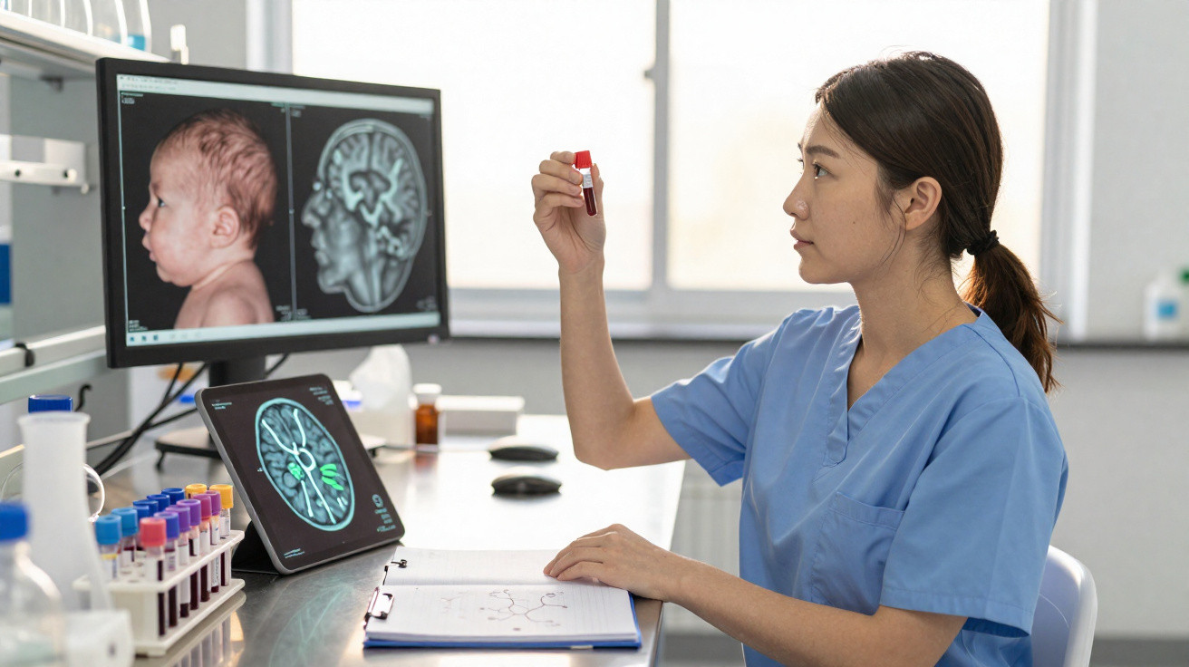 Pesquisadora analisando amostra de sangue em laboratório com imagens cerebrais no computador ao fundo.