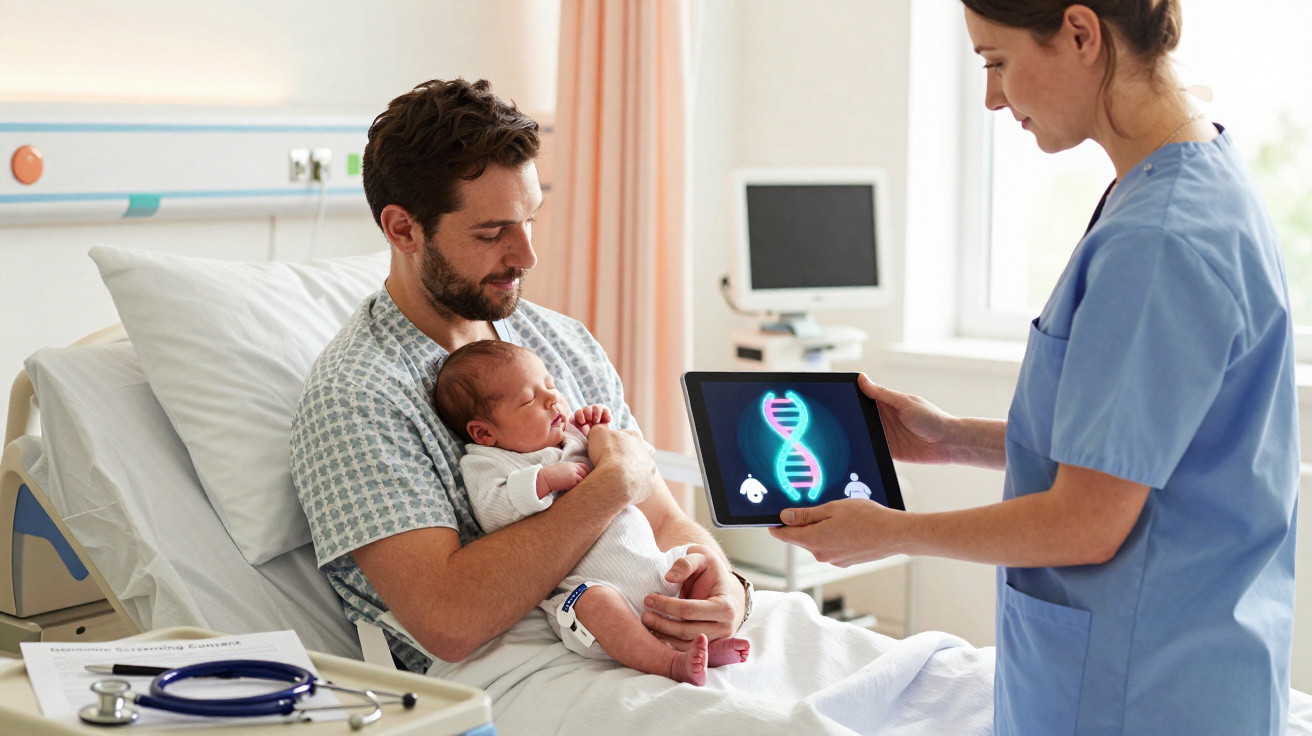 Homem em hospital segurando bebê no colo enquanto enfermeira mostra imagem de DNA em tablet.