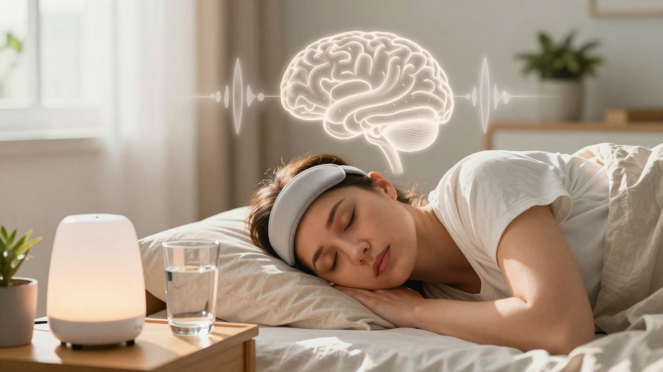 Mulher dormindo com faixa nos olhos, símbolos de cérebro e ondas cerebrais acima dela.
