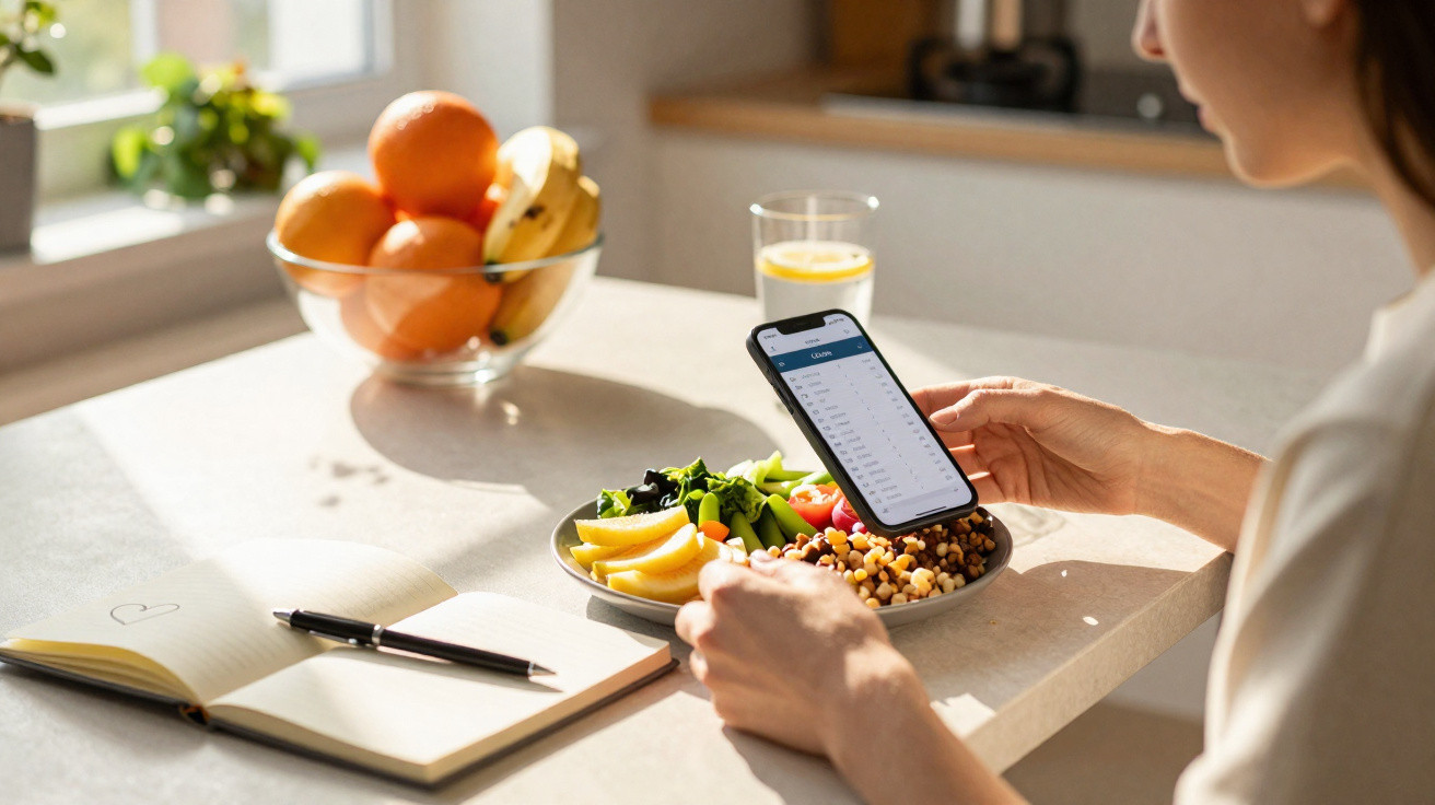 Pessoa segurando celular e olhando a tela enquanto está à mesa com prato de salada, frutas, caderno aberto e suco.