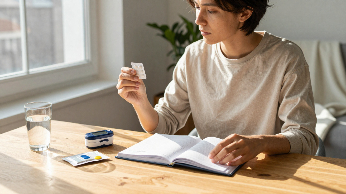 Pessoa sentada à mesa segurando medicamento com copo d'água, oxímetro e livro aberto em ambiente iluminado.