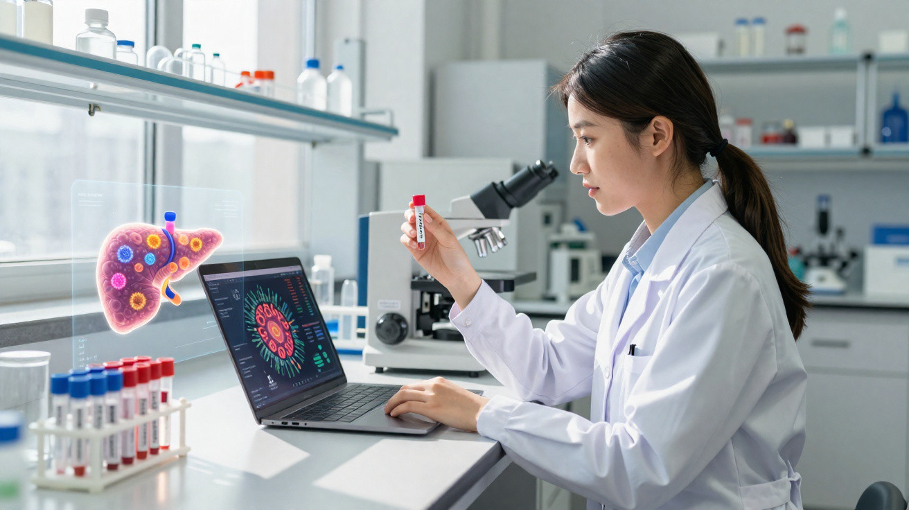 Mulher cientista em laboratório analisando amostra e imagens em laptop com gráfico de fígado digital holográfico.