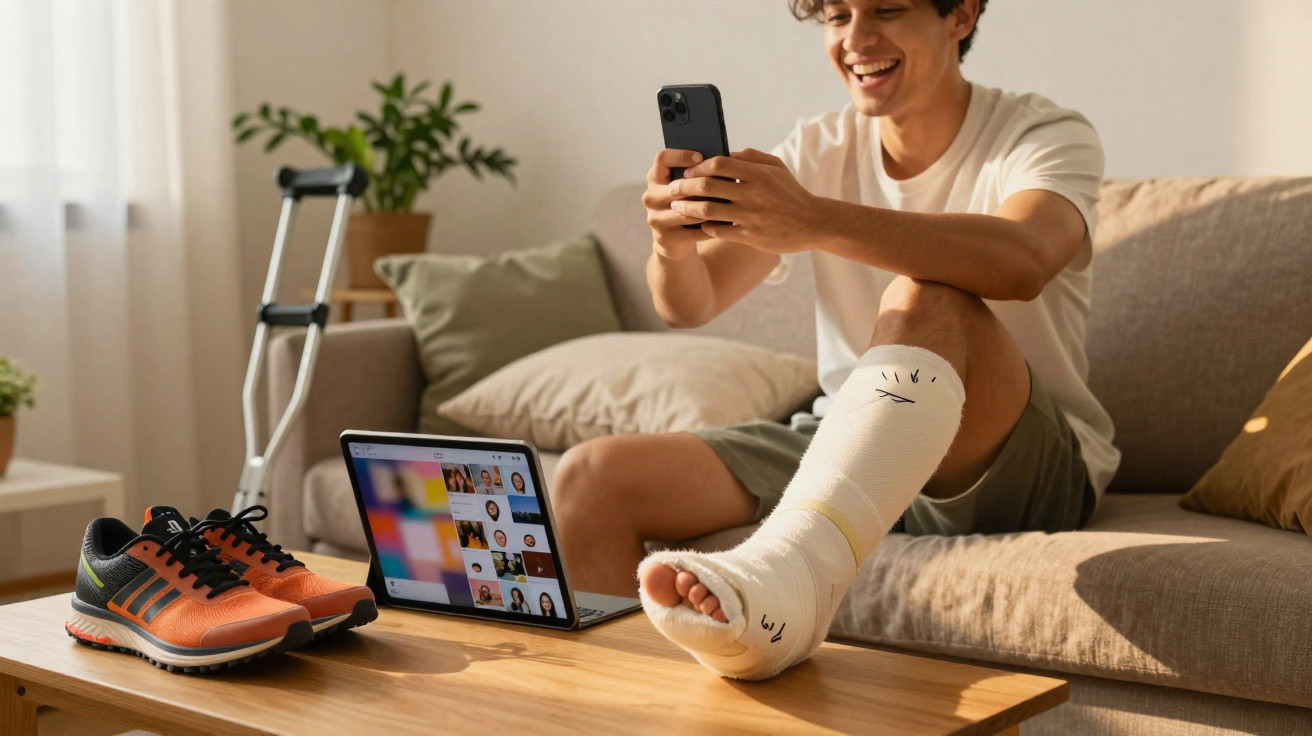 Homem sorrindo com perna engessada sentado no sofá usando celular, laptop e tênis ao lado na mesa.