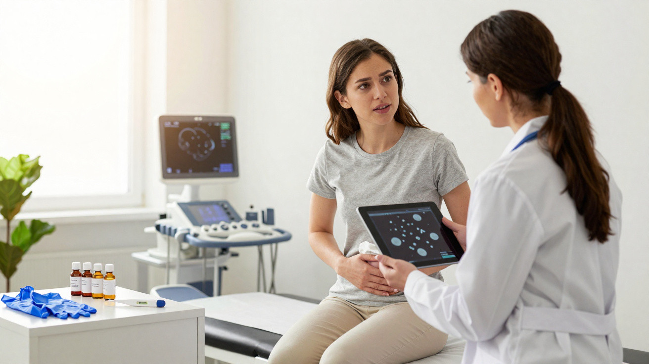 Paciente conversando com médica em consultório sobre exame abdominal exibido em tablet.