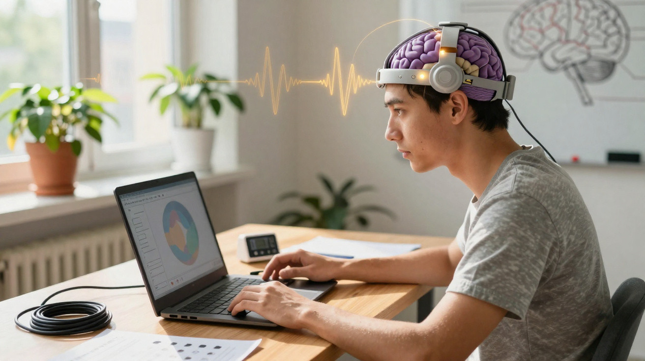 Homem usando dispositivo de neurofeedback conectado a laptop em mesa de trabalho com plantas ao fundo.
